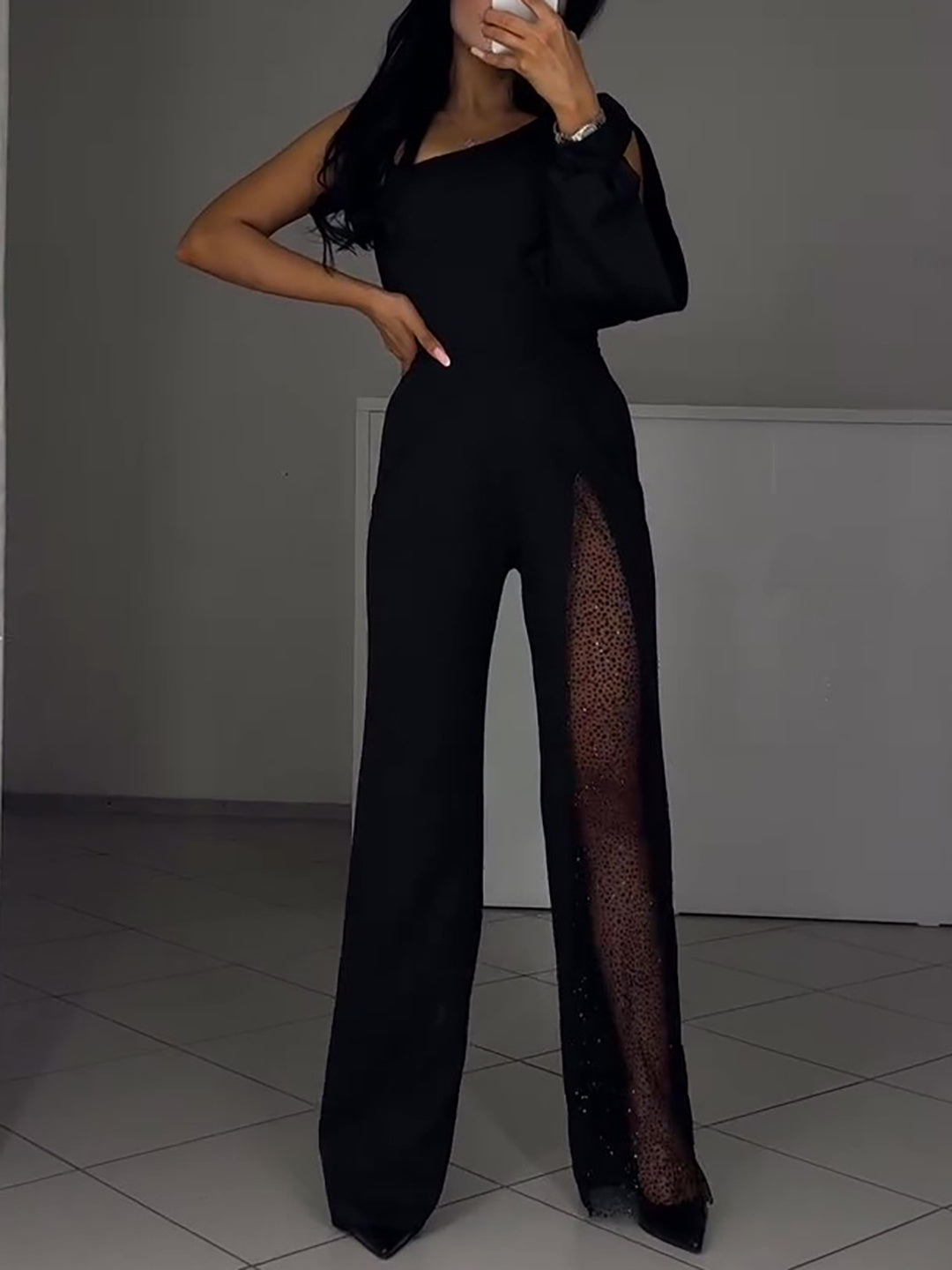 Single Sleeve Patchwork Mesh Jumpsuit | Women's Clothing3 | Buy Center