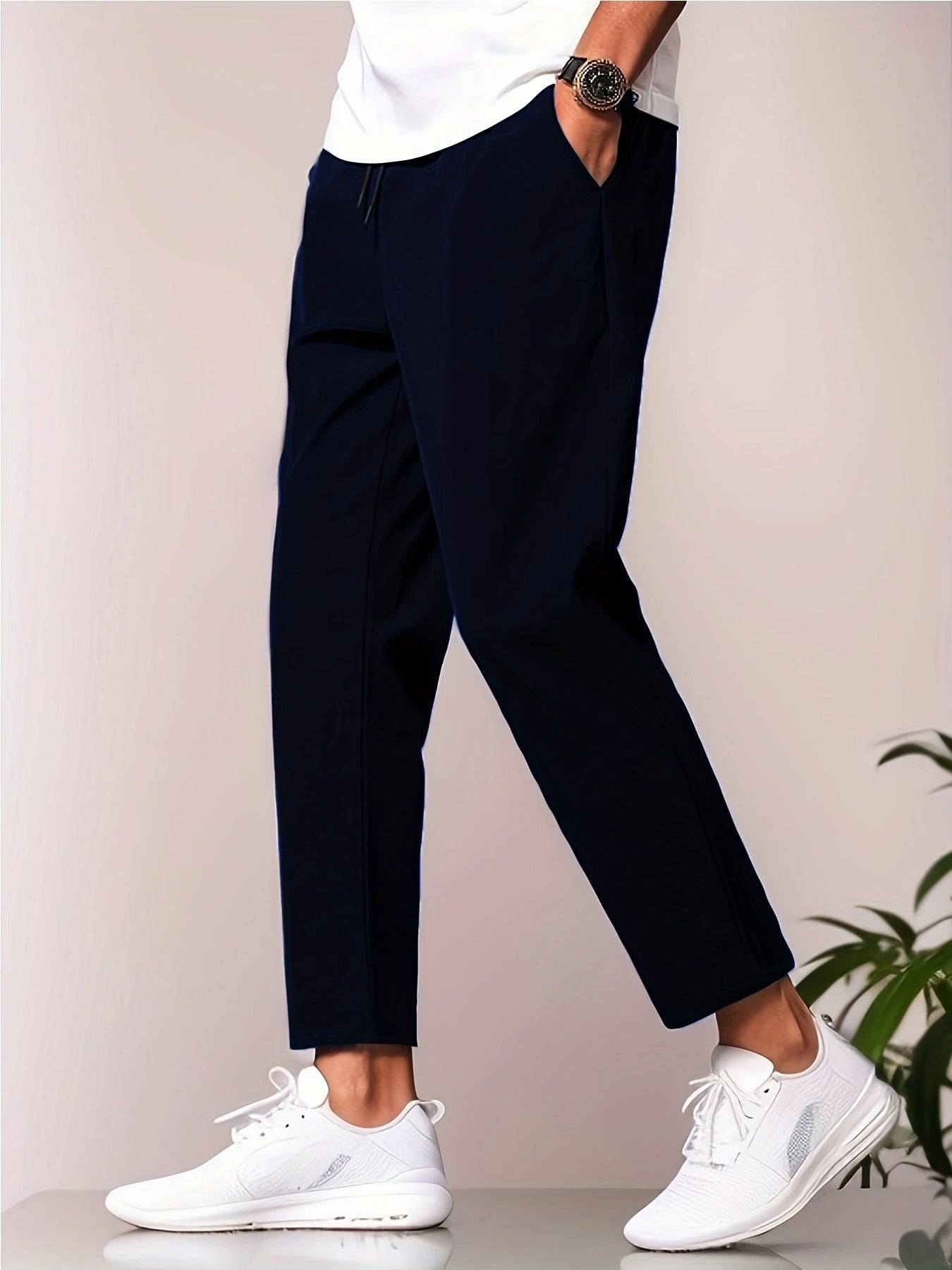 Just Arrived at Buy Center: Autumn Leisure Slim-fitting Ankle Length Trousers Navy Blue