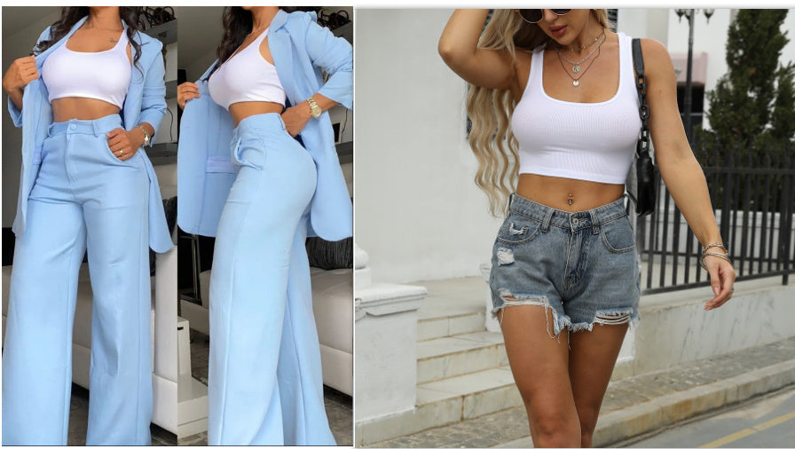 Buy Center Premium-Pure Color Split Sleeve Lapel Suit Straight-leg Pants Suit Women sky blue set