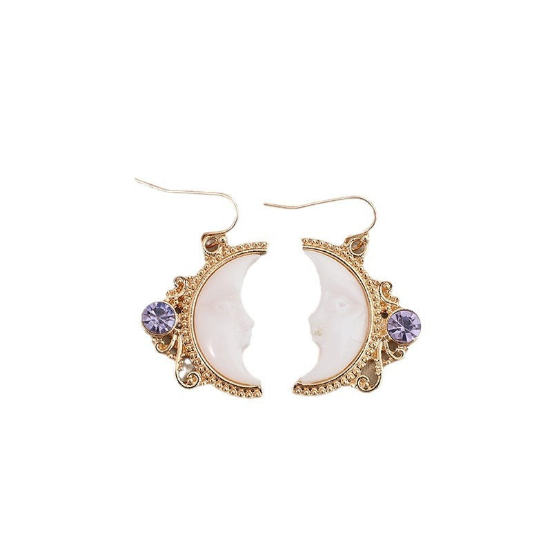 Buy Center Top Pick- Retro Moon Face Earrings Golden Edge Inlaid Gold