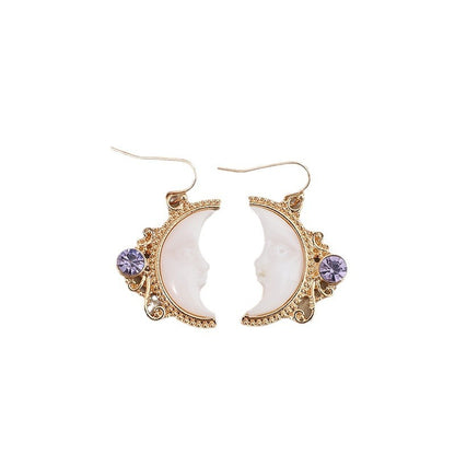 Buy Center Top Pick- Retro Moon Face Earrings Golden Edge Inlaid Gold