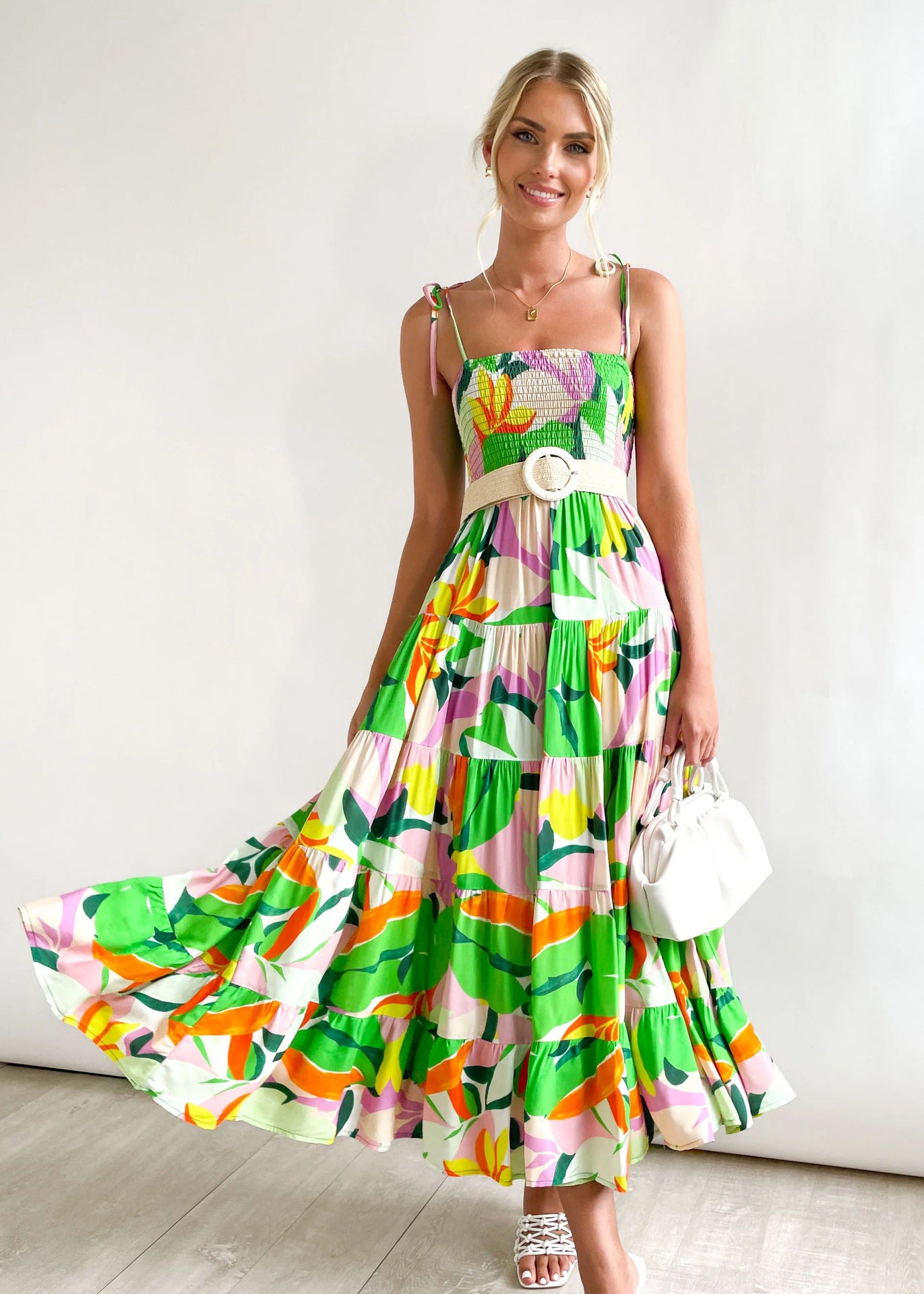 Fresh Arrivals at Buy Center: Women's High Waist Sleeveless Printed Off-shoulder Bohemian Sling Dress Green printing