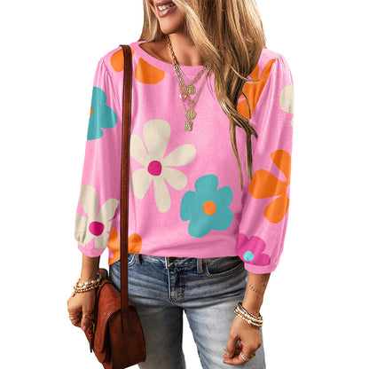 European And American Leisure Wild Flower Floral Print Long Sleeve Pullover Buy Center