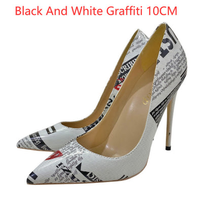 Trending Now at Buy Center: Stiletto Heel Pointed Toe Low-cut Shoes Black And White Graffiti 10CM