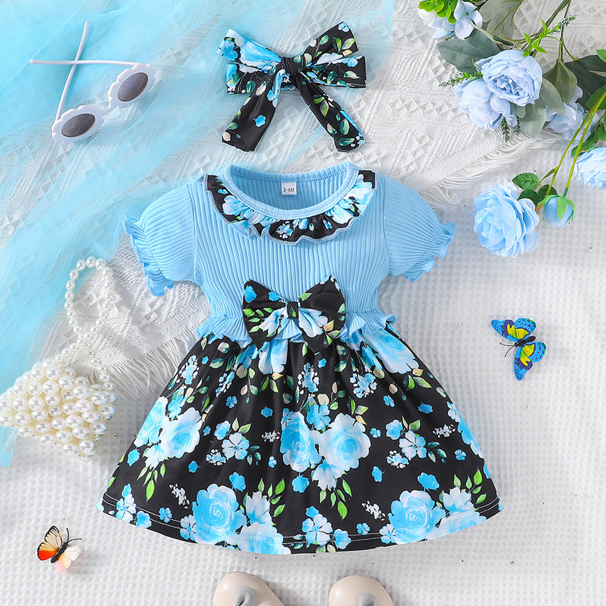 Newly Arrived at Buy Center: Girls' Printed Dress Headscarf Two-piece Set Sky Blue WY24202D