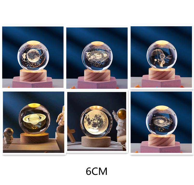 Just Arrived at Buy Center: Crystal Ball 3D Inner Carved Solar System Glowing Night Lights Warm Bedside Light Festival And Kid Gift Night Lamp Set 6CM Ball And Base