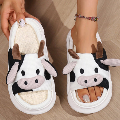 Buy Center Top Rated-Cute Cow Linen Shit Feeling Interior Non-slip Deodorant Outer Wear Platform Slippers White