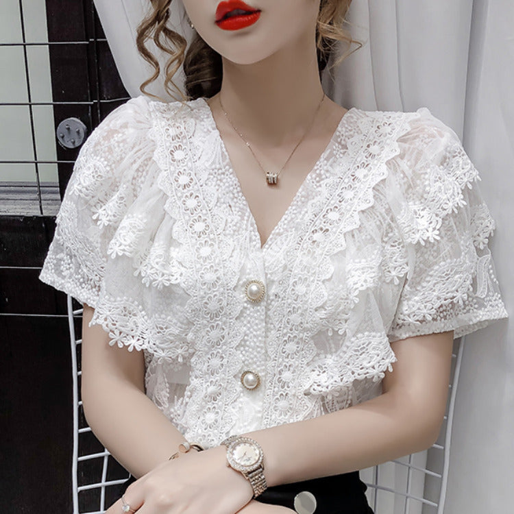 Fresh on the Scene at Buy Center: French Style Elegant V-neck Single-breasted Lace Shirt Western Style