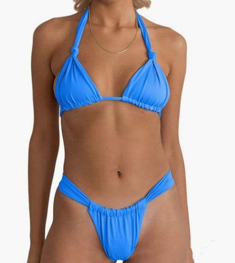 Hot New Items at Buy Center: Bikini Pleated Split Strap Pure Color And Knotted Swimsuit Beijing Blue