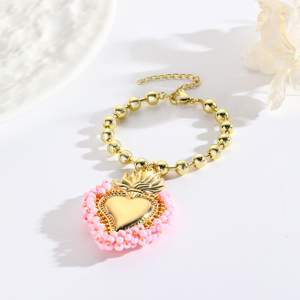 Retro Small Rice-shaped Beads Hand-woven Heart Bracelet Buy Center