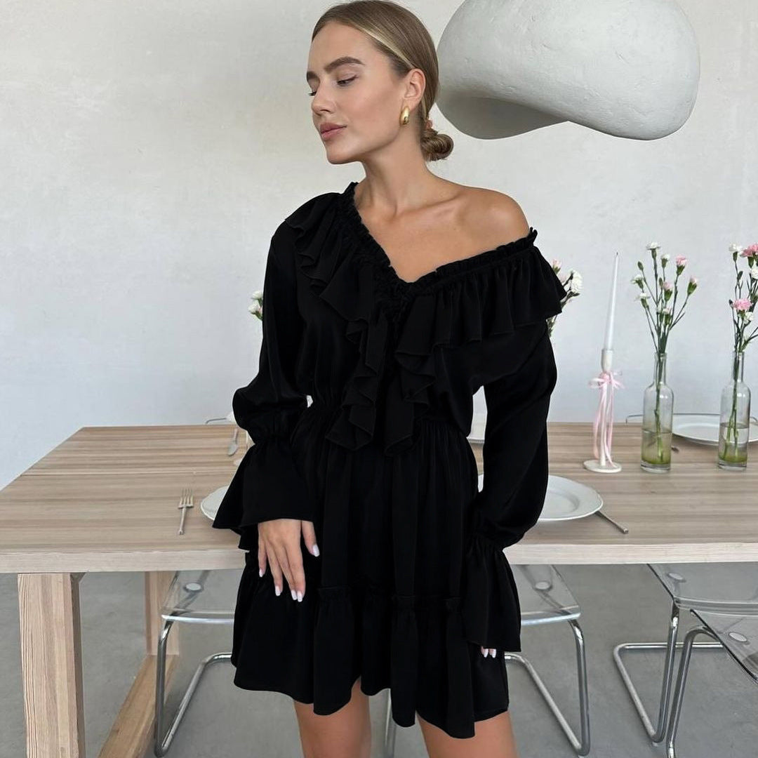 Hot New Items at Buy Center: Fashion V Neck Pleated Ruffle Long Sleeve Dress Y2K V Neck Flared Sleeve Short Dress Women's Clothing Black