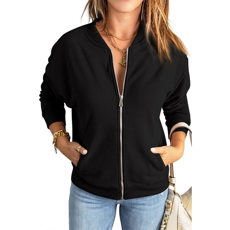 Women's Solid Color Zipper Jacket Coat Fashion Casual Cardigan Long Sleeve Stadiumjumper Black