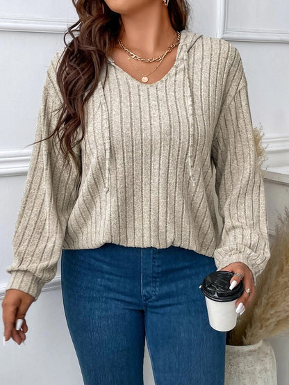 Hot New Items at Buy Center: Women's V-neck Hooded Long-sleeved Sunken Stripe Brushed Top Khaki