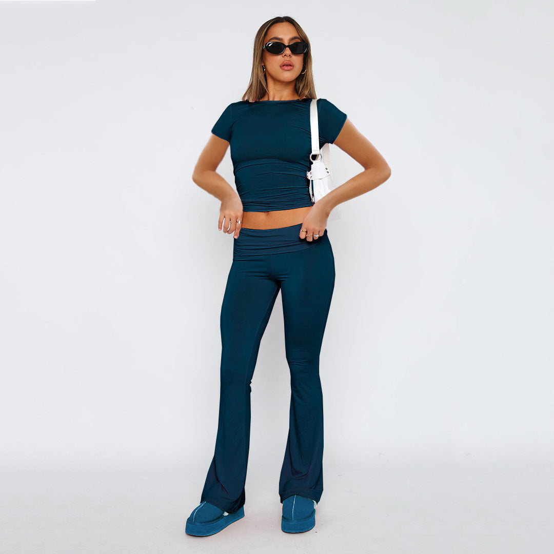 Buy Center Trend-Fashion Slimming Solid Color Blouse And Pants Women Dark Blue Suit Short Sleeve