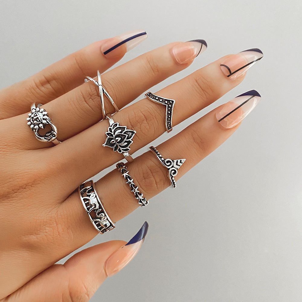 Buy Center Ultimate-Retro Elephant Hollow Ring 7-piece Set Creative HS14982