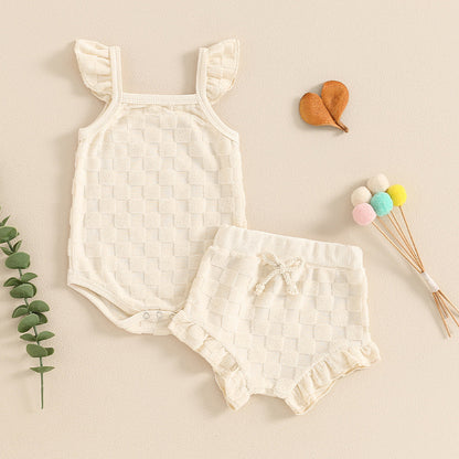 Fresh Arrivals at Buy Center: Girls' Solid Color Chessboard Plaid Style Lace Sling Romper Casual Shorts Suit Apricot