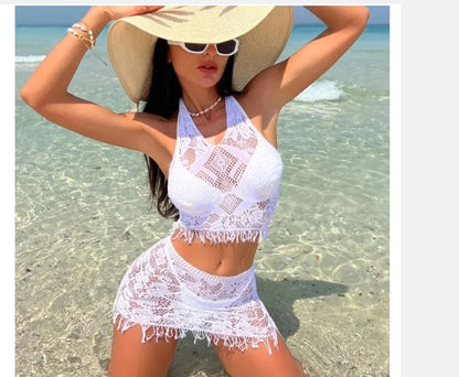 Trending Now at Buy Center: Women's Spring And Summer Beach Cover-up Tassel Skirt Lace Bikini Swimsuit Two-piece