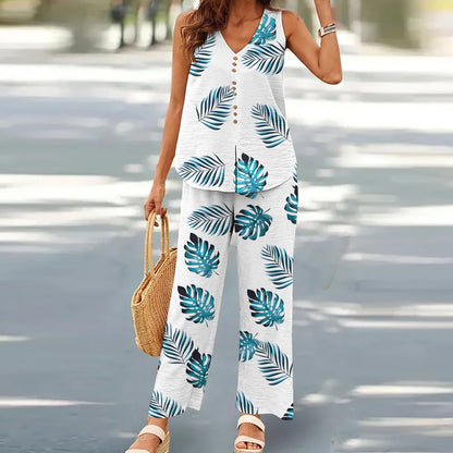 Buy Center Hot Pick-Women's Casual Solid Color Printing Vest Wide Leg Pants Suit Style10