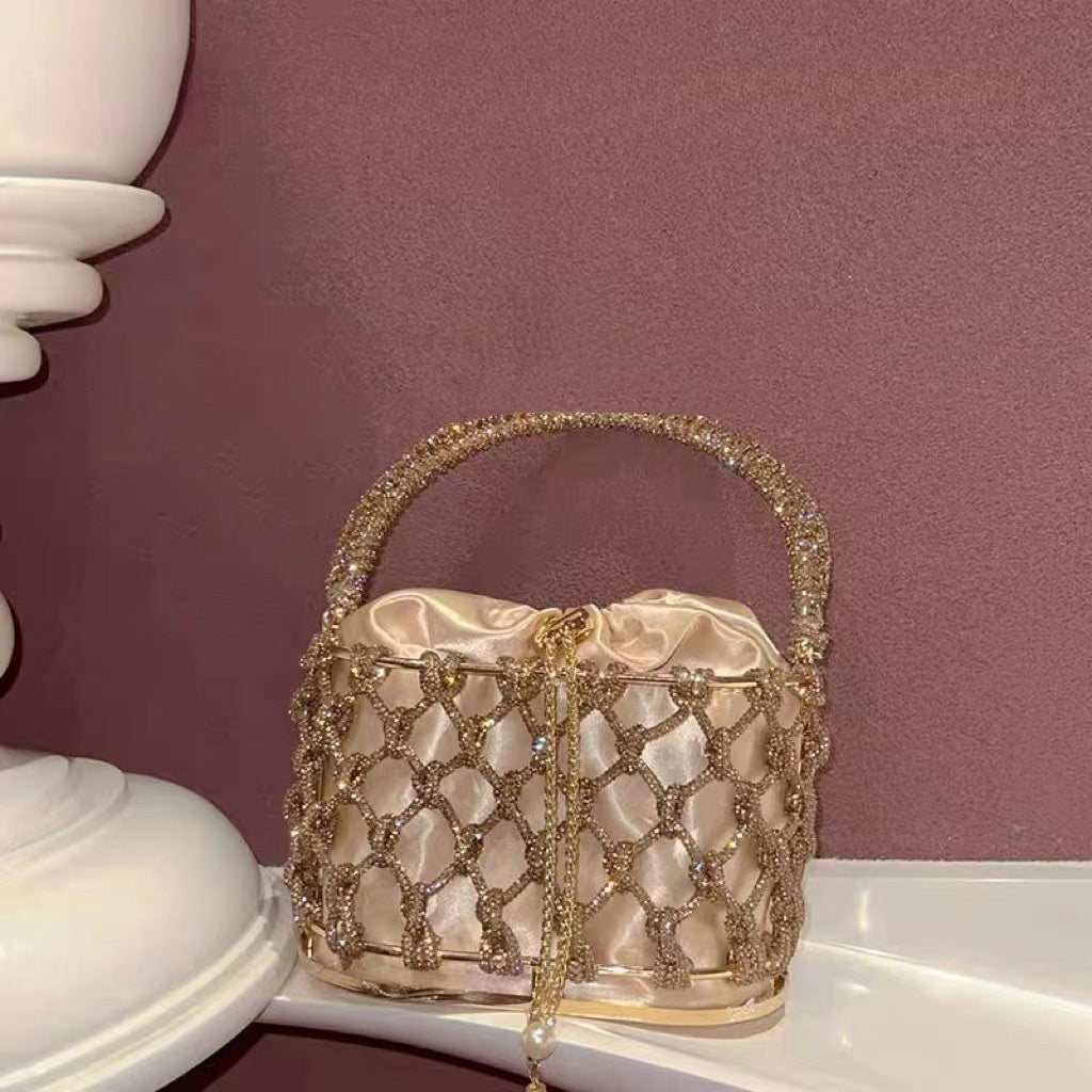 Panier portable en métal tissé à la main de haute qualité avec bande de strass brillants pour cage à oiseaux