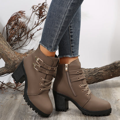 Autumn Round Head Chunky Heel High Heel Leisure Platform Lace Up Booties Buy Center