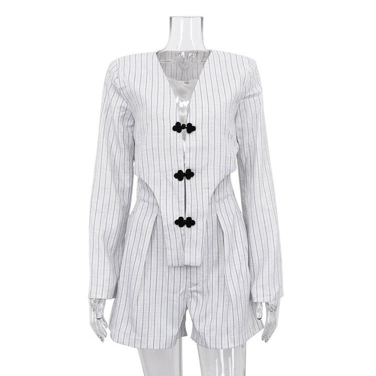 Buy Center Trend-Niche Design Long Sleeve Jacket High Waist Shorts Striped Suit Light Gray