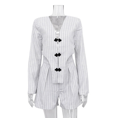 Buy Center Trend-Niche Design Long Sleeve Jacket High Waist Shorts Striped Suit Light Gray