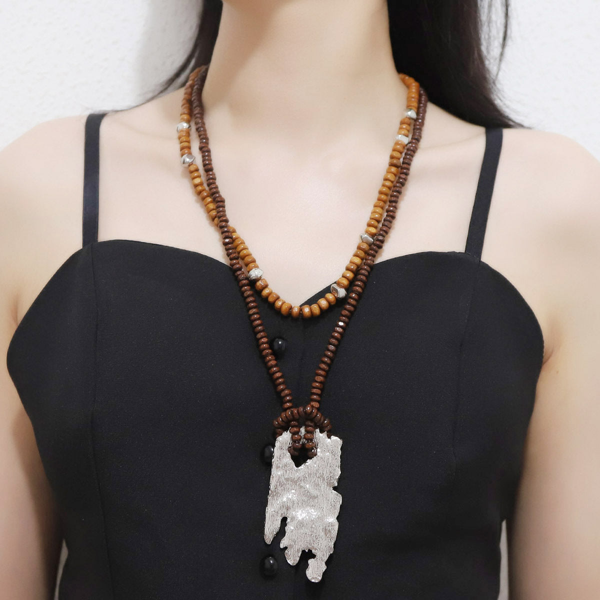 Buy Center Handpicked- Retro Vacation Beaded Multi-layer Twin Wooden Bead Long Necklace