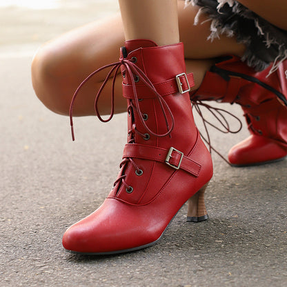 Botas de mujer cómodas de tacón medio con flores quemadas, con cordones y de tubo bajo, en tallas grandes 40-50