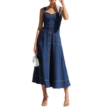 Hot New Items at Buy Center: Cross Border Amazon Independent Station Sling Distressed Casual Style Button Denim Long Dress