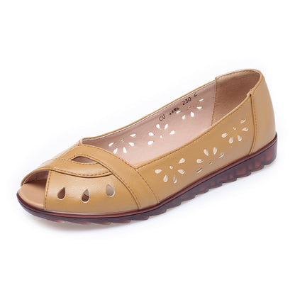 New Peep Toe Sandals Women's Flat Bottom Comfort Leather Soft Bottom Apricot