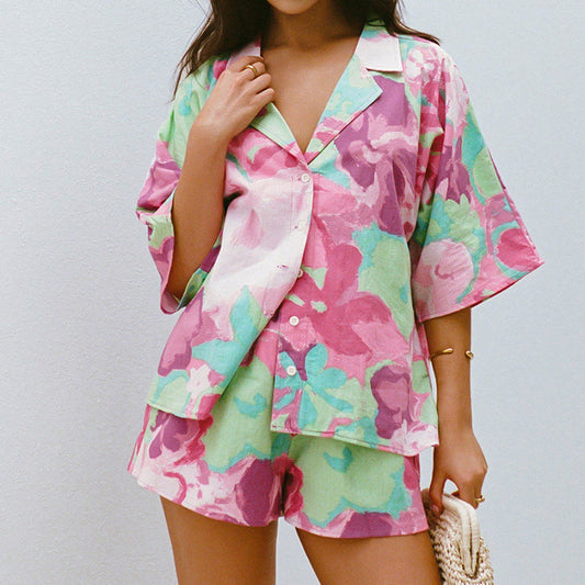 Buy Center Premium-Summer Printed Short-sleeved Hot Pants Casual Suit