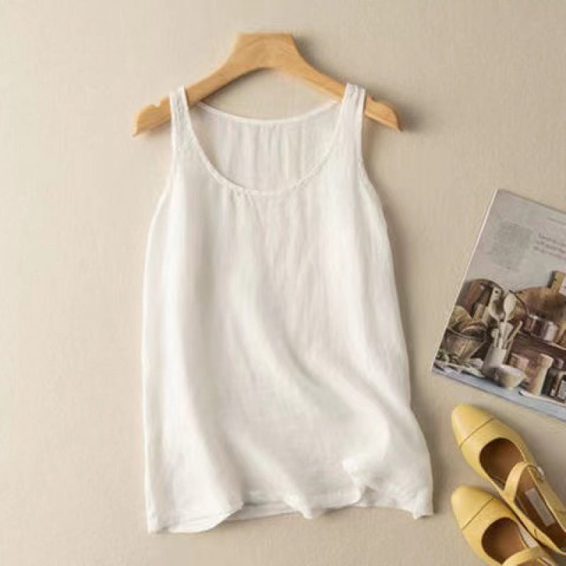 New at Buy Center: Artistic Retro Loose Solid Color Cotton Linen Vest Women's Top White