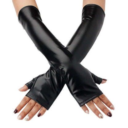 Elastic Tight Patent Mid-length Open Finger Leather Gloves Buy Center