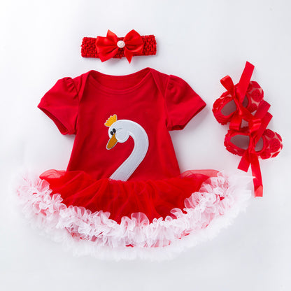 Swan Short Sleeve Baby's Gown Shoes Hair Accessories Three-piece Suit Buy Center