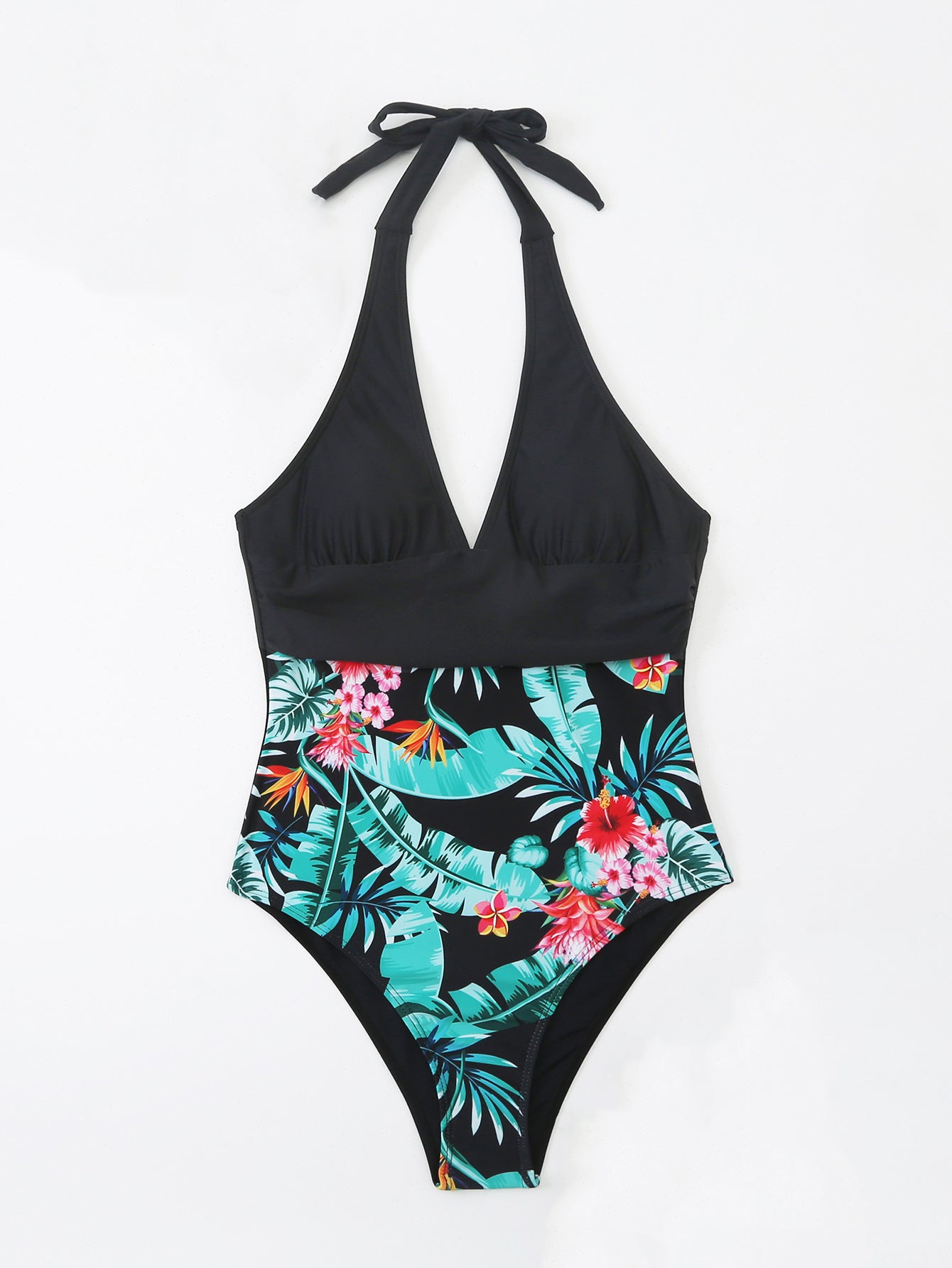 Fresh Arrivals at Buy Center: Multicolor Printing Deep V Big Chest Halter Backless One Piece Swimsuit Black Green Leaf