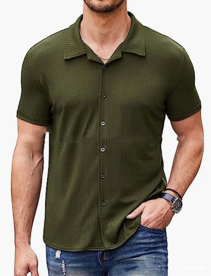 Just Arrived at Buy Center: Casual Collar Short Sleeve Polo Shirt With Button Men's Cotton Blend Shirt Army Green