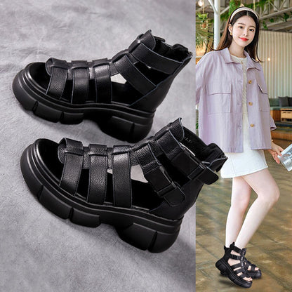 New Female Leather Hollow-out Platform Retro Stylish Women's Sandals