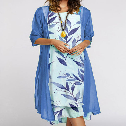 Just Arrived at Buy Center: Women's Dress Two-piece Set Flowers And Plants Printed Round Neck Dress And Coat