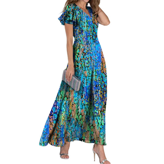 Newly Arrived at Buy Center: Women's Fashion Large Swing V-neck Short Sleeve Printed Chiffon Dress