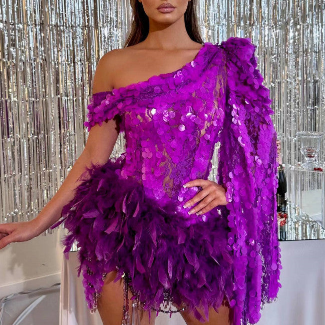 Purple Sequined Feather Skirt One-shoulder Sleeve Short Dress Luxury Party Stage Performance Dress | Women's Clothing-Weddings & Events-Cockt | Buy Center