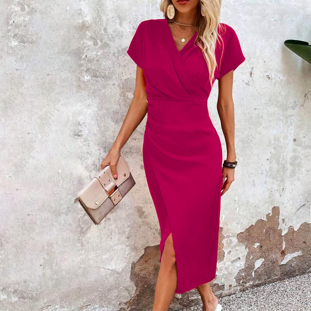 Trending Now at Buy Center: Women's Clothing Casual Waist Tight V-neck Fresh Air Sleeve Dress Rose Red