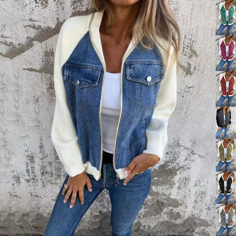 Fresh Arrivals at Buy Center: Fashion Denim Patchwork Jacket Casual Hooded Zipper Jacket Women's Clothing