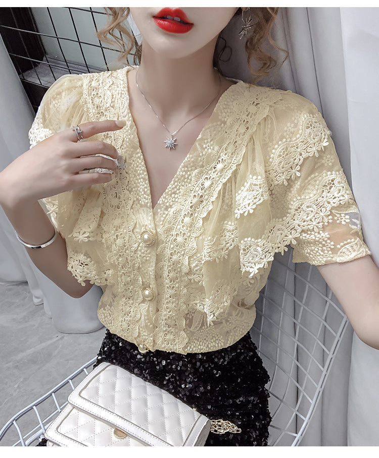 Fresh on the Scene at Buy Center: French Style Elegant V-neck Single-breasted Lace Shirt Western Style Apricot