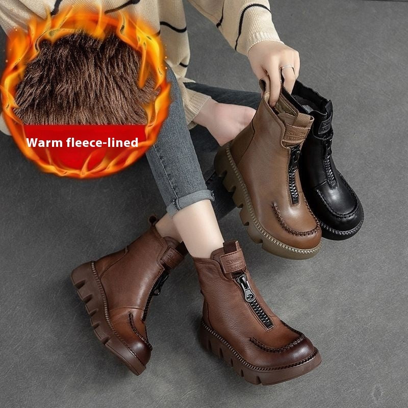 Fresh on the Scene at Buy Center: Cotton Boots Soft Full Grain Leather Retro Platform Motorcycle Boots Muffin Heel Brown With Velvet