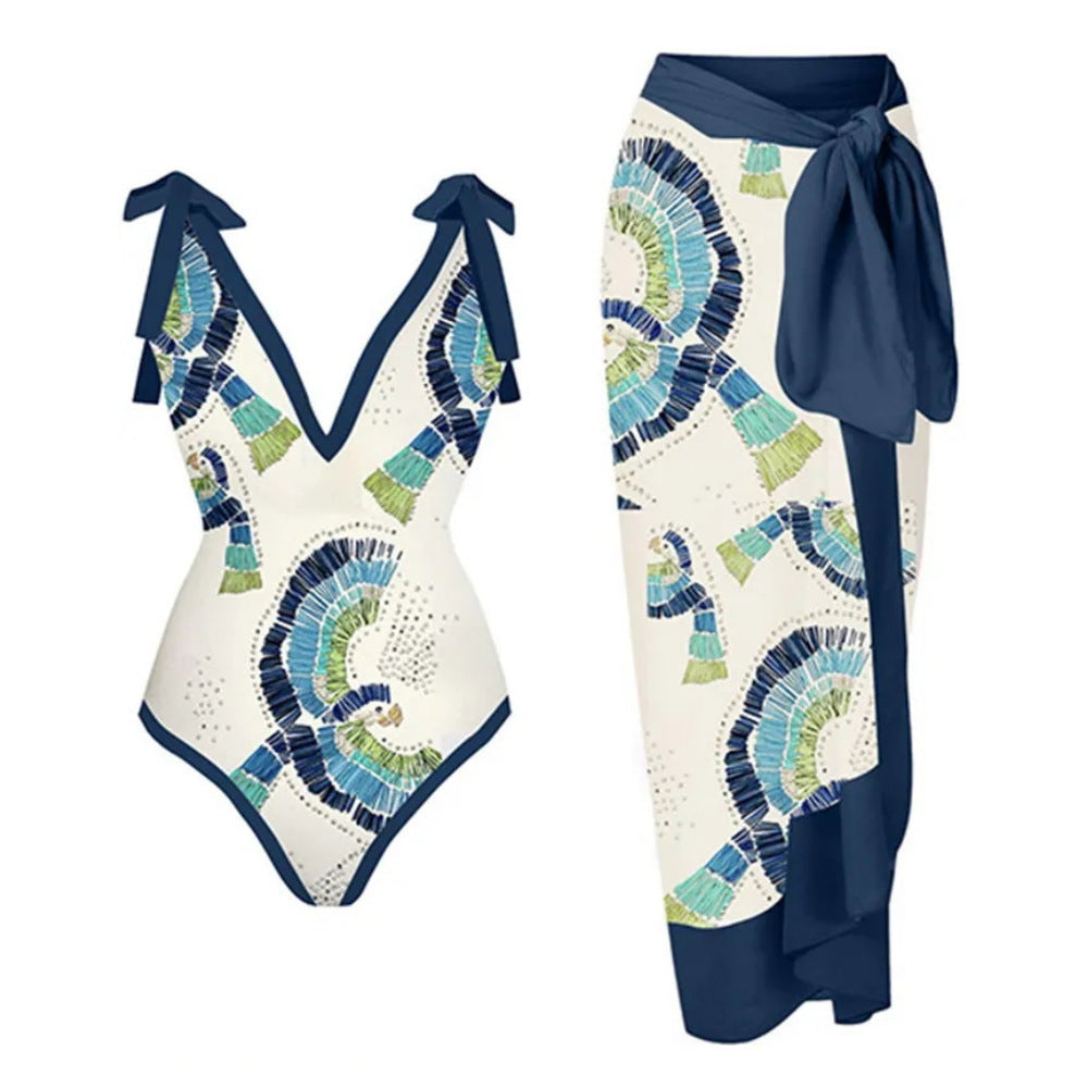 Hot New Items at Buy Center: Beach Hot Spring Swimsuit French Retro One-piece Bikini Blue Suit