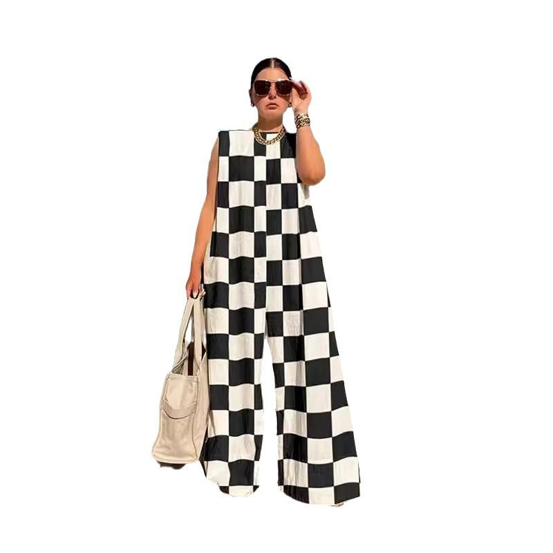 Hot New Items at Buy Center: Loose Casual Women's Fashion Plaid Colored Mosaic Jumpsuit