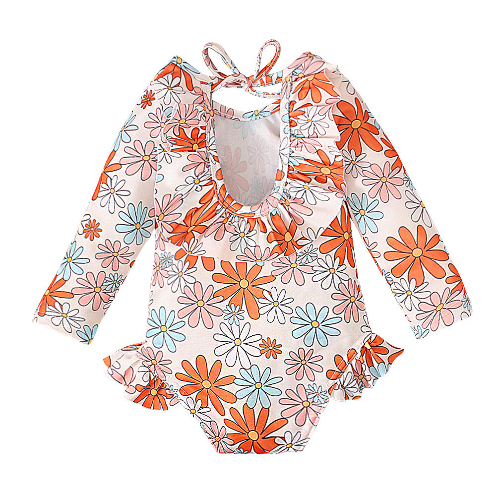 New at Buy Center: Girl's Pattern Graphic Print Crew Neck Open Back Swimsuit