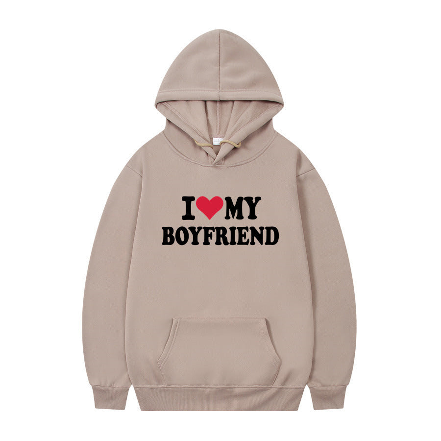 New at Buy Center: I Love My Boyfriend Print Hoodie Sweatshirt Pullover Apricot 1