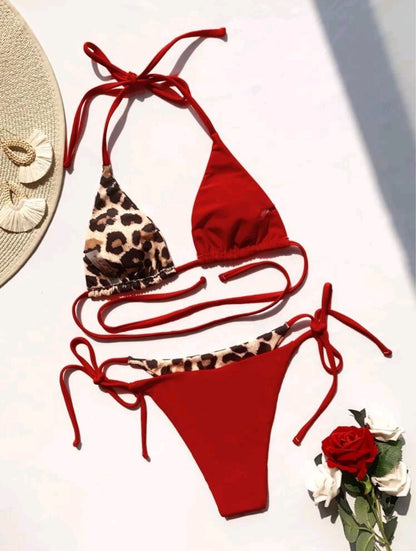 Just Arrived at Buy Center: Women's Leopard Print Split Swimsuit Halter Lace-up Bikini Suit Red