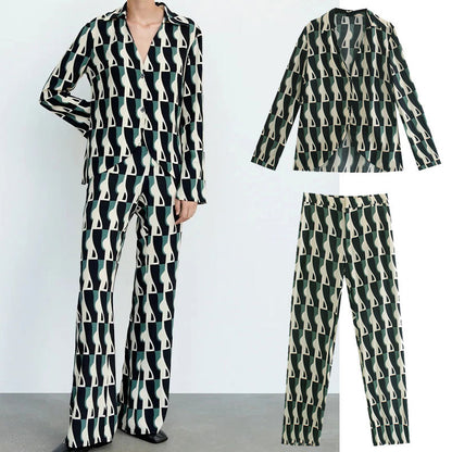 Loose Blouse Geometric Print Flared Pants Suit | Men's Clothing-Underwear & Loungewear-Me | Buy Center